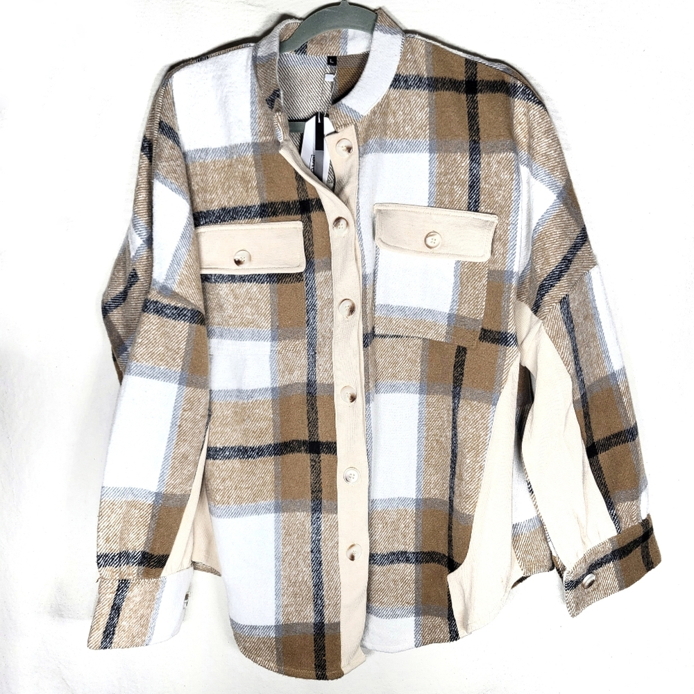 New plaid flannel jacket button down top L large longsleeve shacket